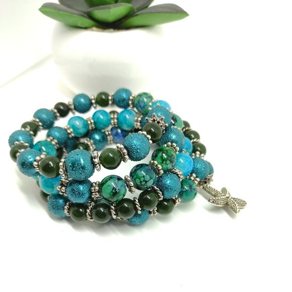 Dark Turquoise, Green and Emerald Aventurine 4 Row Memory Wire Bracelet - Picture 3 of 6